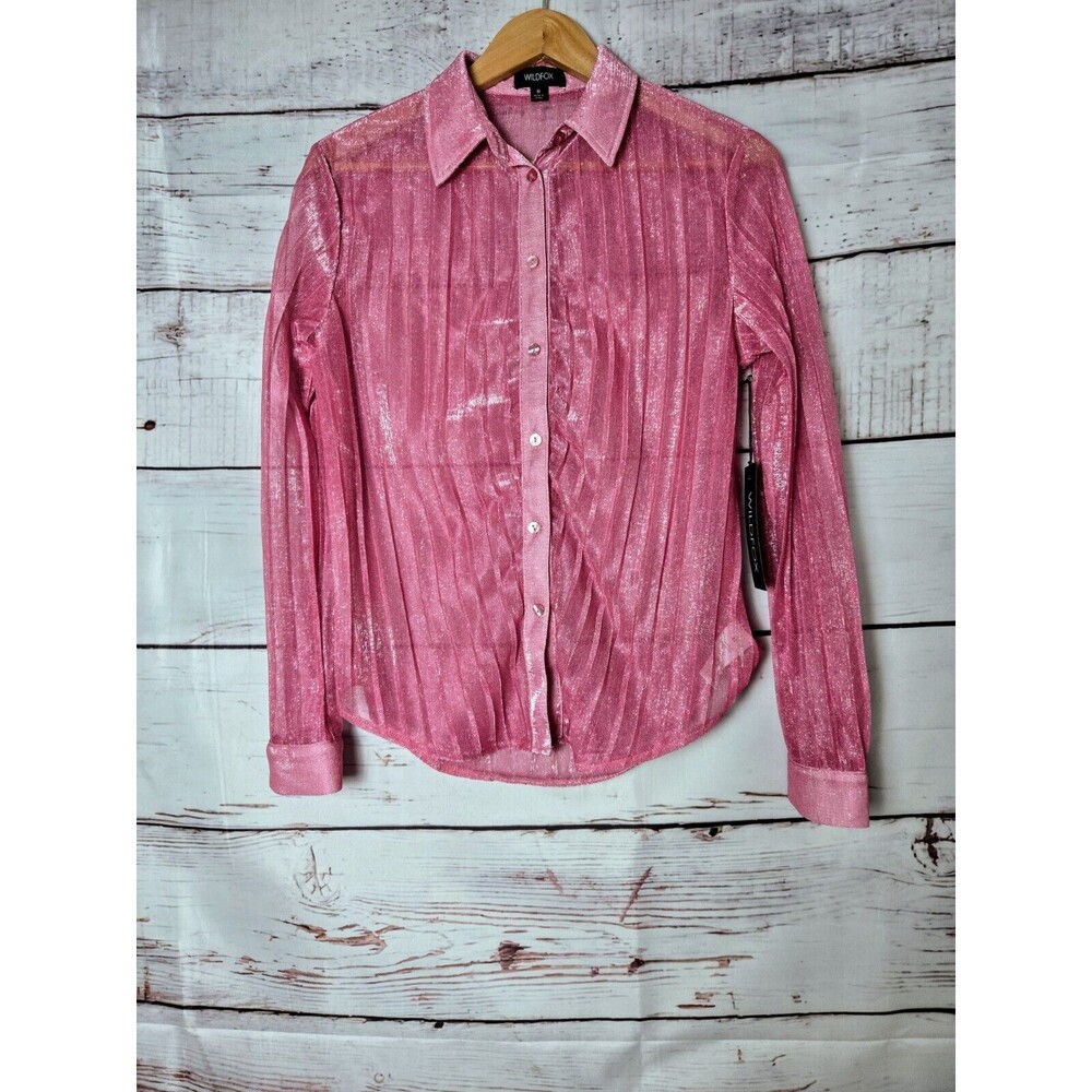 Wildfox Womens Grace Top Medium Pink Long Sleeve Button Down Shimmery Party